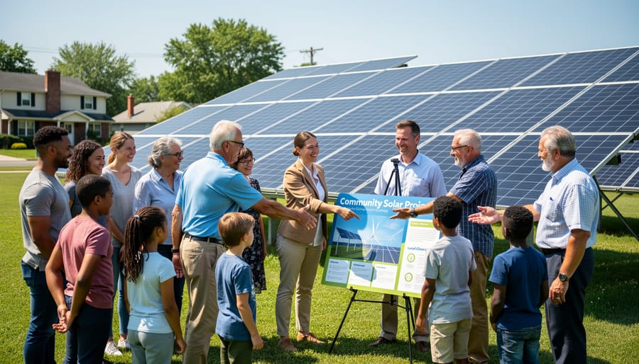 Community members having genuine discussion around solar panel installation in desert setting