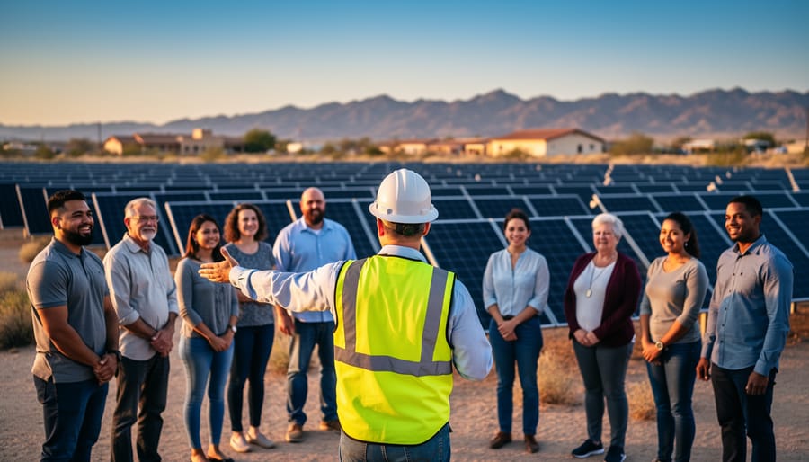 Community members listen to a solar project leader in a safety vest beside rows of solar panels in a desert landscape at golden hour, with mountains softly blurred in the background.