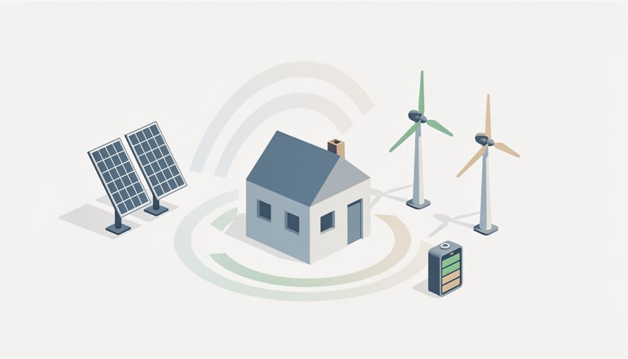 House-shaped model wrapped in protective material alongside solar energy equipment and a mortgage statement folder.