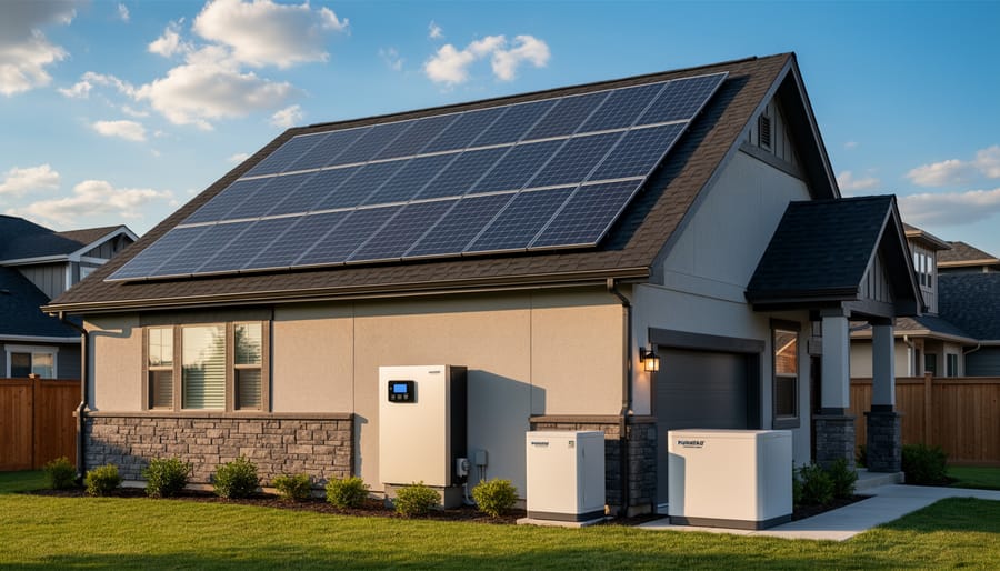 Rooftop solar panels and a battery storage unit on a UK home under an overcast sky.