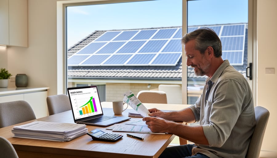 UK homeowner holding an electricity bill near a window with solar panels visible in the background.