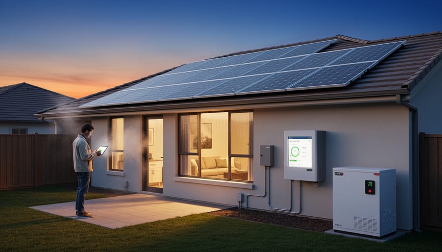 Residential rooftop solar panels with nearby home battery storage unit in warm golden hour light.