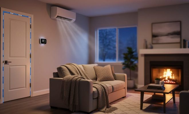 Cozy Sun Belt living room with a lit fireplace and visible heating air flow keeping the home warm during a cold outdoor snap.