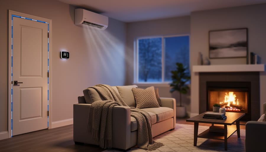 Cozy Sun Belt living room with a lit fireplace and visible heating air flow keeping the home warm during a cold outdoor snap.