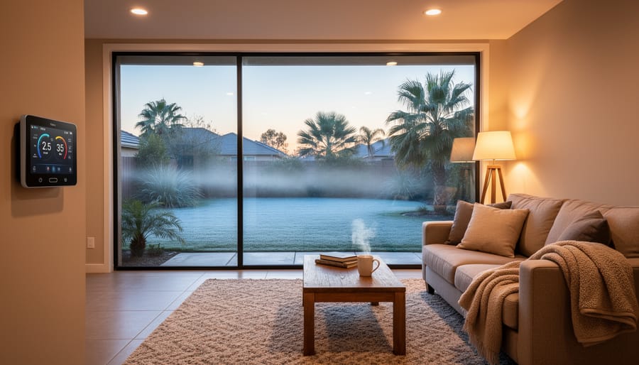 Sun Belt home exterior at dusk with warm indoor light visible as a homeowner prepares for a cold morning.