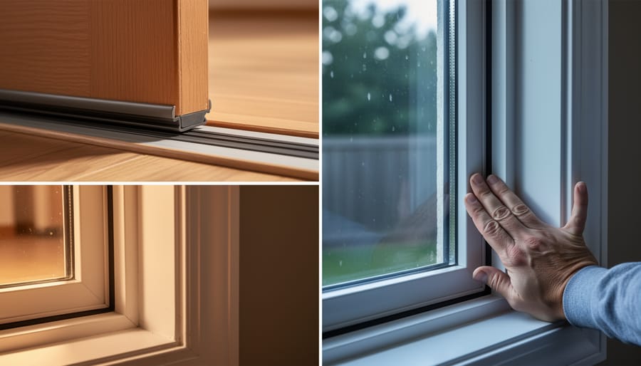 Close-up of weatherstripping and caulk sealing around a door or window edge inside a Sun Belt home.