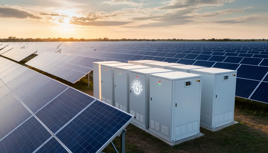 Technician tools and safety gear near large battery energy storage enclosures at a solar facility.