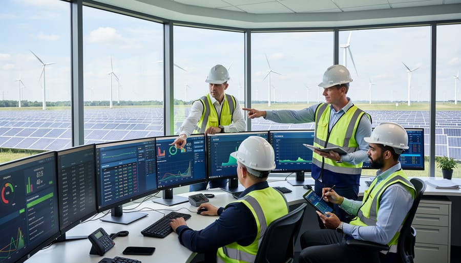 Solar plant operators in high-visibility gear working near a control building at a utility-scale facility.