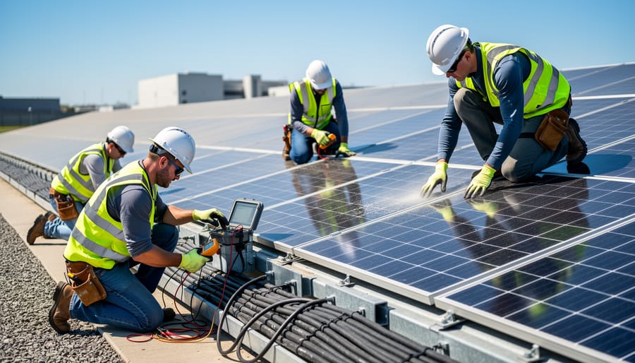 Solar technician kneeling by an inverter cabinet checking electrical connections with a multimeter.
