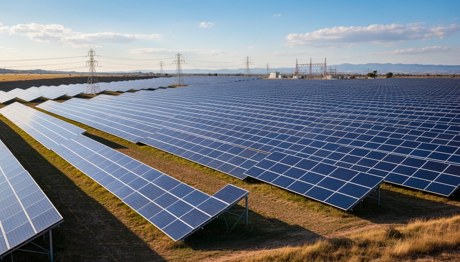 Utility-scale solar panels in a large solar power plant during golden hour sunlight.